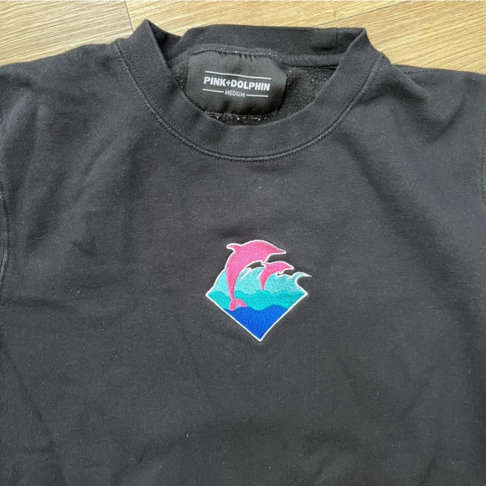 Pink + Dolphin Women’s Black Crewneck Sweatshirt Jumping Dolphins Embroidery Med